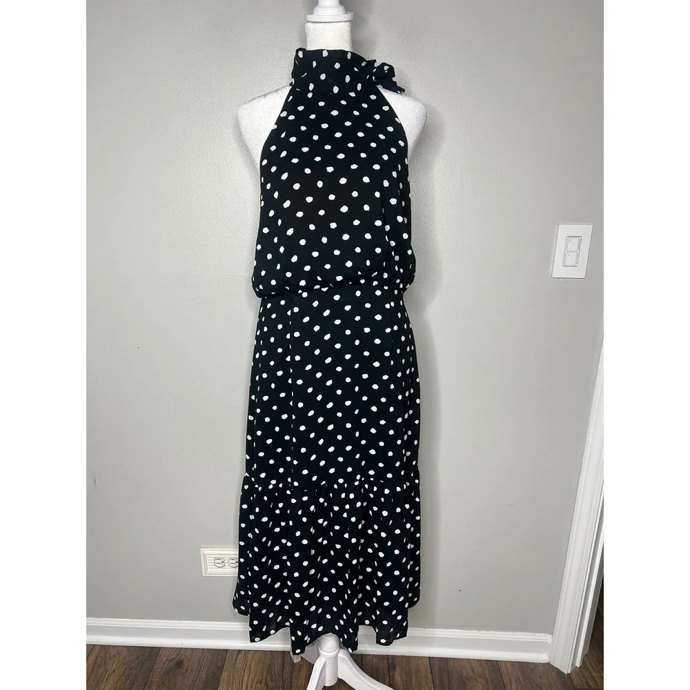 Women's Black White Polka Dot Halter Midi Dress Bow Neck Tiered Ruffle M